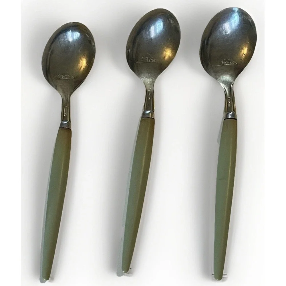 Vintage Castle Stainless Flatware Green Handle MCM 3 Teaspoons‎